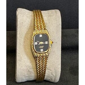 Xavier Quartz Watch Women Gold Tone Mesh Band Black Dial Diamond Accents Elegant